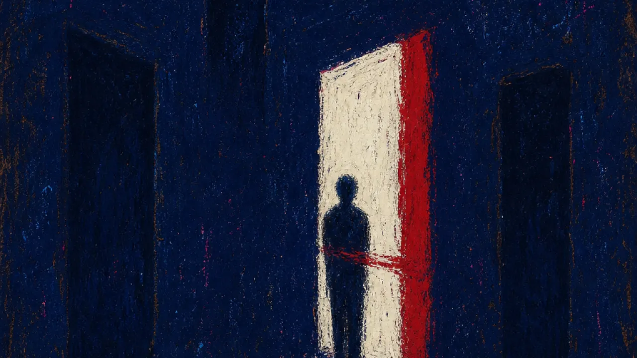 A figure in a narrow dark hallway faces one lit doorway, with blank handleless doors fading in white and crimson shadows