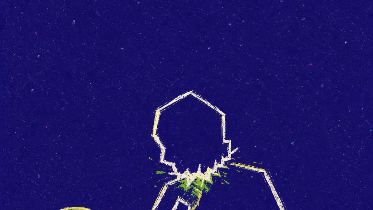 Pinned by proof A hollow figure pinned at a desk by stacked coins and glowing screens, white edges fractured into acid green and indigo