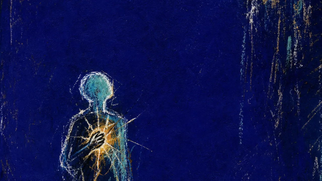 A figure outside a glowing window, one hand at the chest, warm amber light fractured against cold blue shadow.