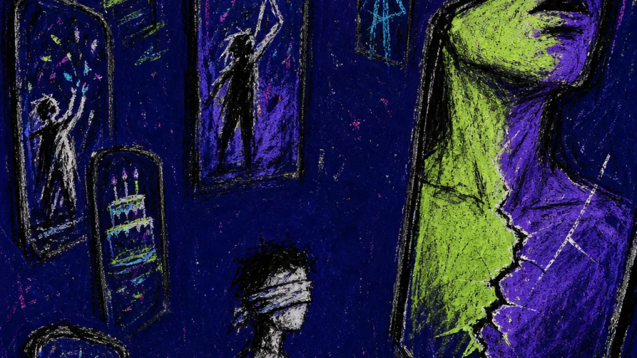 Bound by someone else's timeline A blindfolded figure in a dark bedroom surrounded by tall glowing phone-screen mirrors, neon green split by cold violet