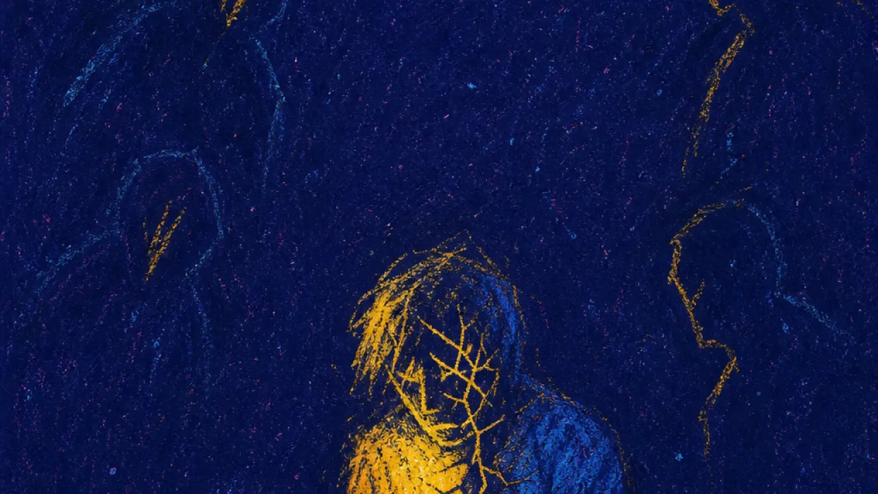 A figure enclosed by dark watching silhouettes, holding a glowing phone as gold light cuts through cold blue shadow
