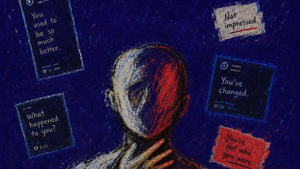 Locked Inside One Sentence A figure enclosed in a doorless dark room of phone screens and feedback notes, with one red sentence stamped across the floor