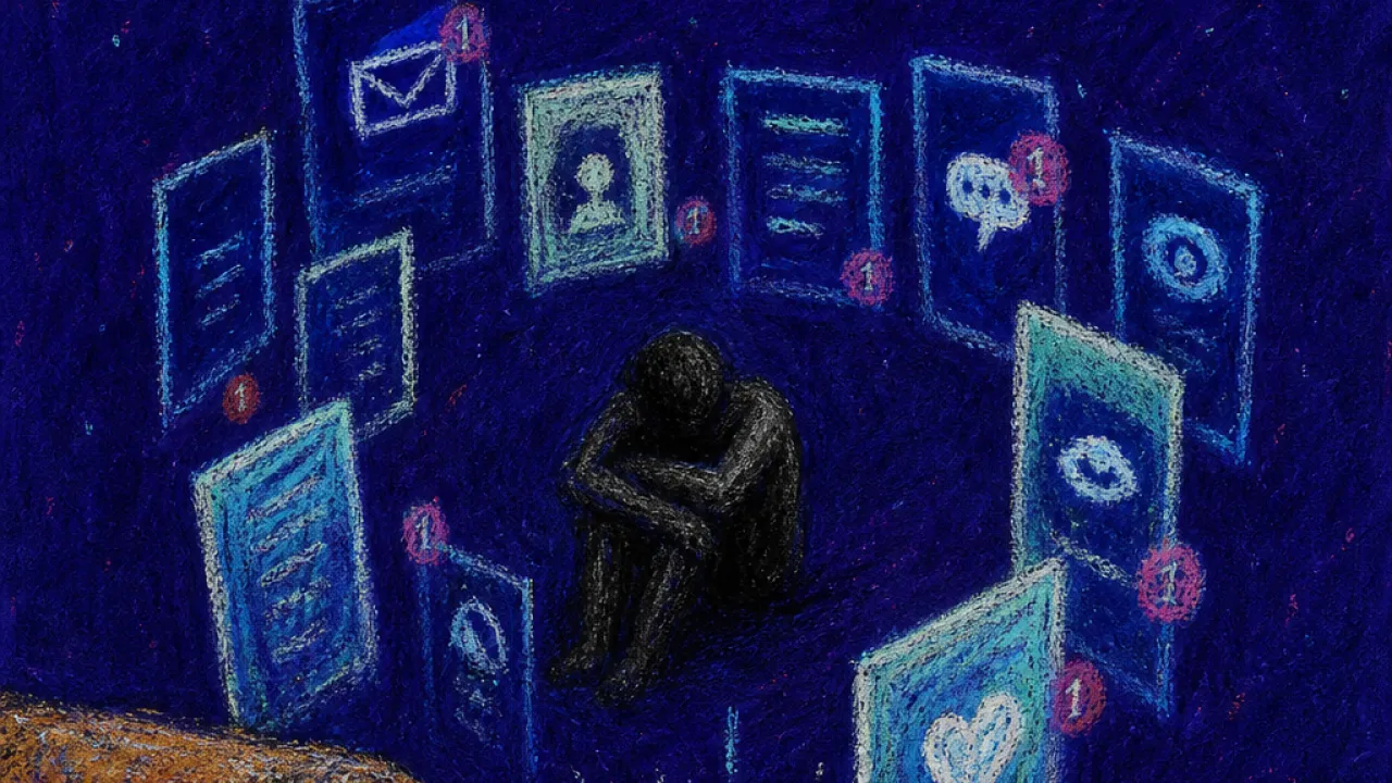 An enclosed figure in shadow circled by glowing lock screens, a warm hand hovering over black glass and cyan dots