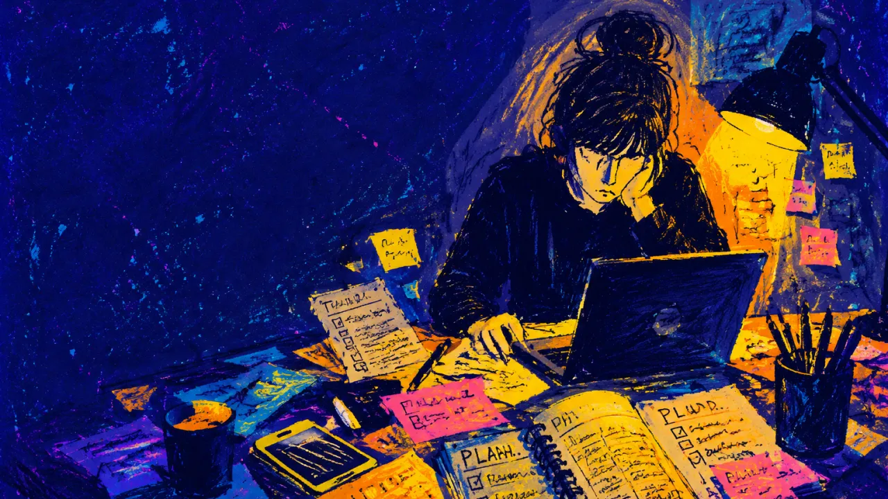A seated figure enclosed by open tabs, notes, and devices, one hand on the desk in amber light against indigo shadow.