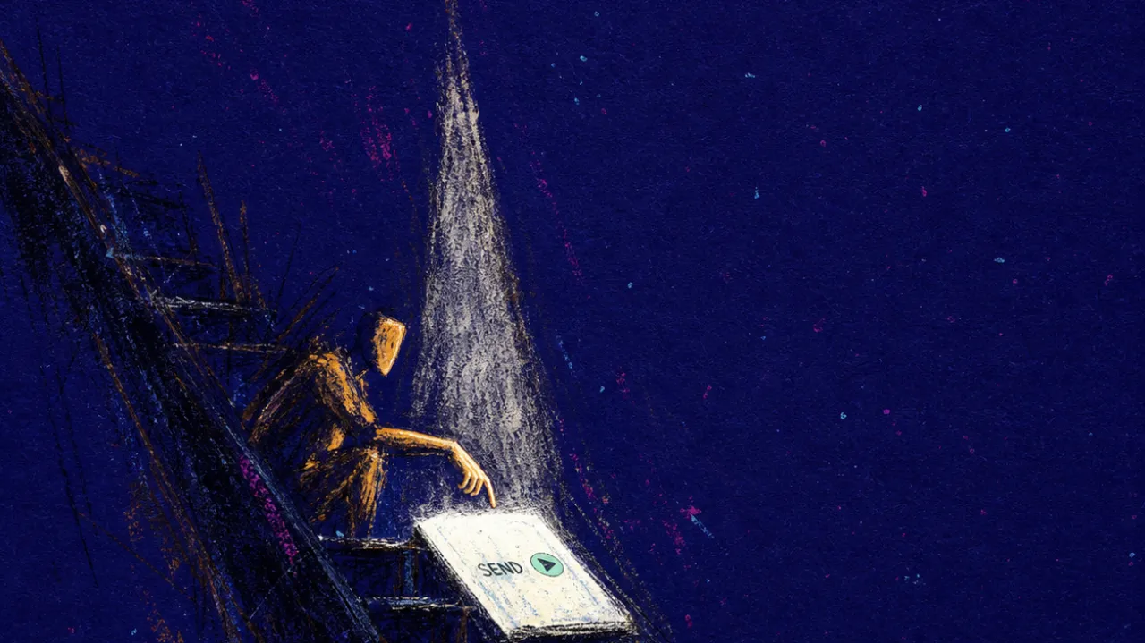 Seen Before You Step A figure suspended on a dark stairwell, one hand above an unsent glowing screen, white glare cutting blue-black shadow
