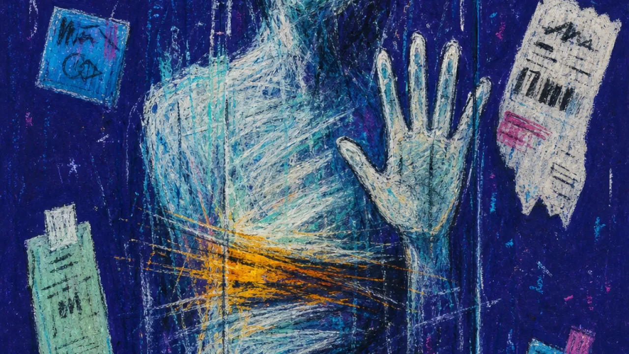 Proof behind glass A figure behind glass in a dark room, surrounded by floating screenshots, cyan light split by sharp amber lines