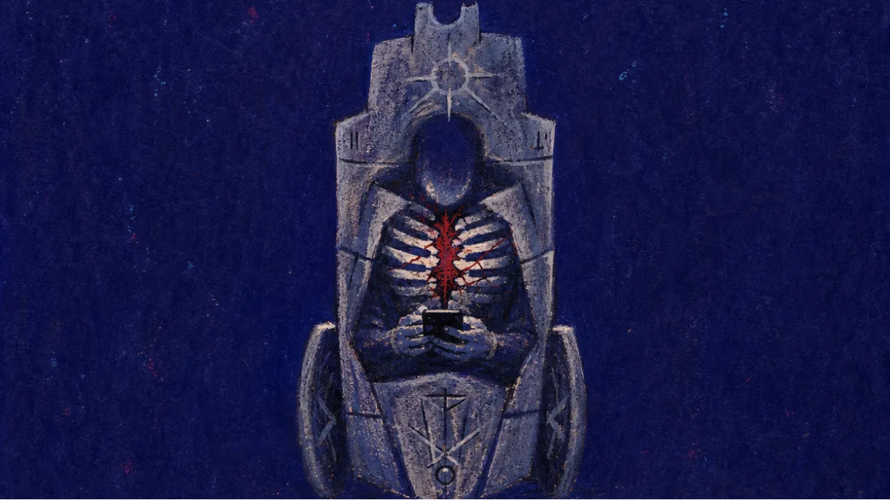 A hollow figure inside a stone chariot, hands near a dark phone, chrome white split by raw crimson in black space