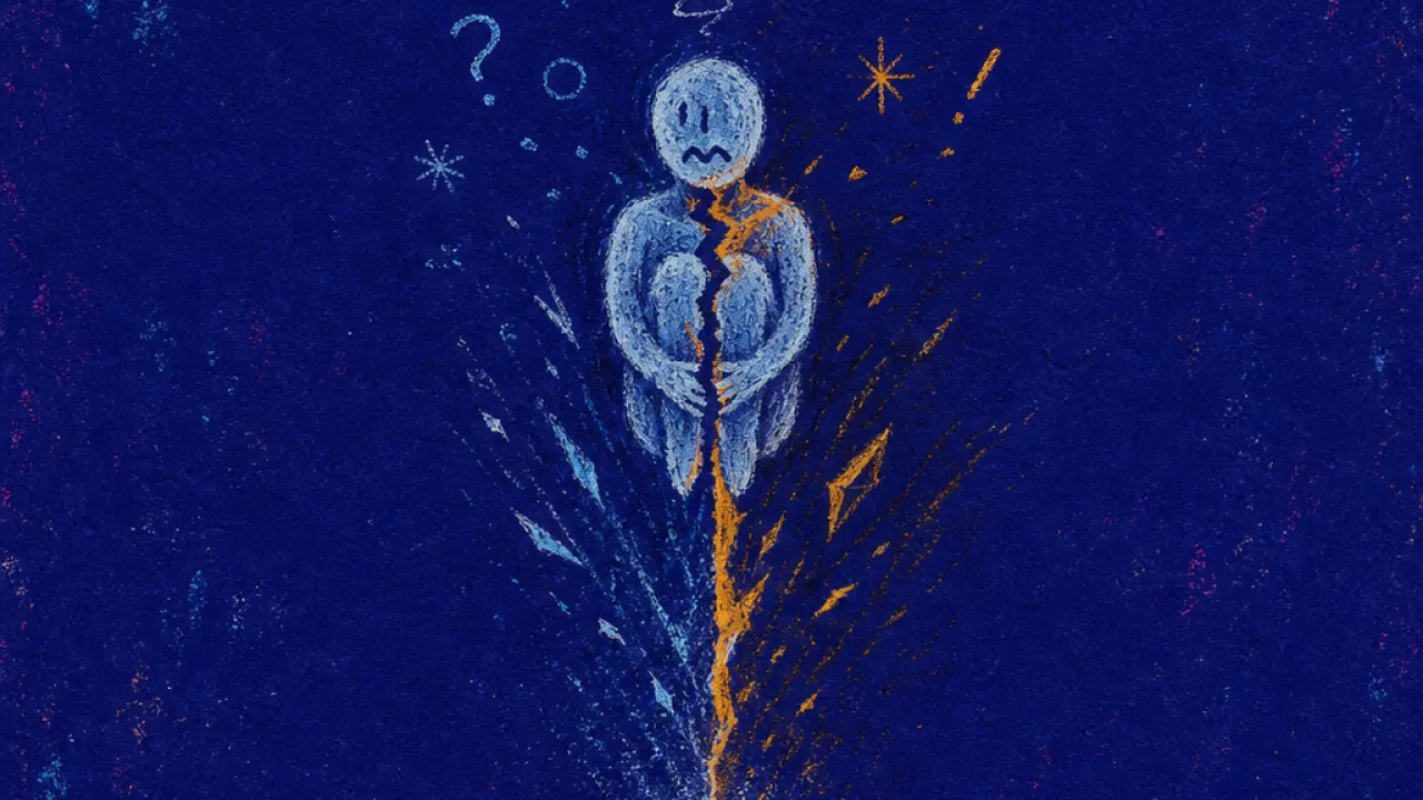 A suspended figure above a glowing phone and crossed drafts, amber lines looping through cold blue darkness