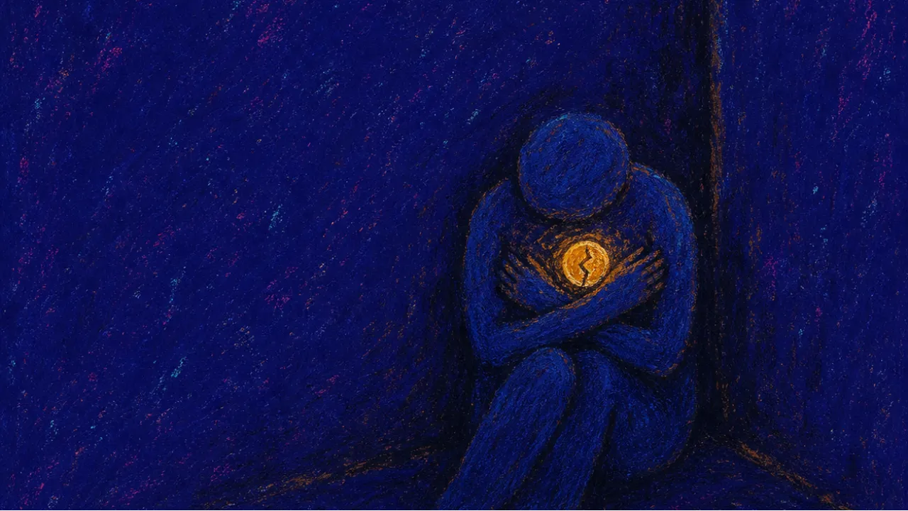 An enclosed figure in a dark corner holds a small amber coin to their chest, phone face-down beside an unsent message.