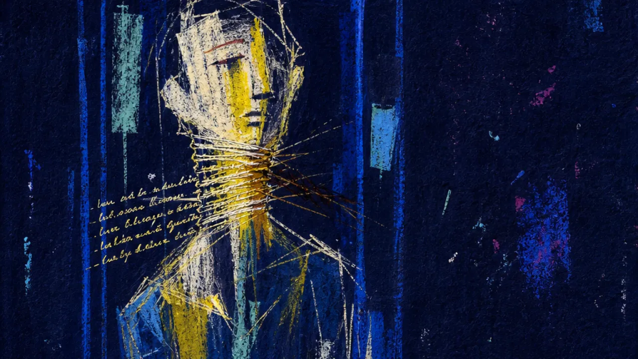 A figure enclosed in a glass booth under a white spotlight, throat wrapped in gold text lines against cold blue space