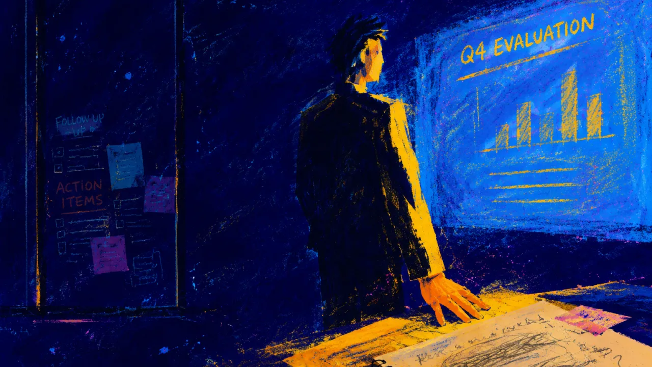 When Mastery Becomes a Surface A figure enclosed in a seminar room, slides facing outward while unfinished notes sit behind glass, amber against indigo.