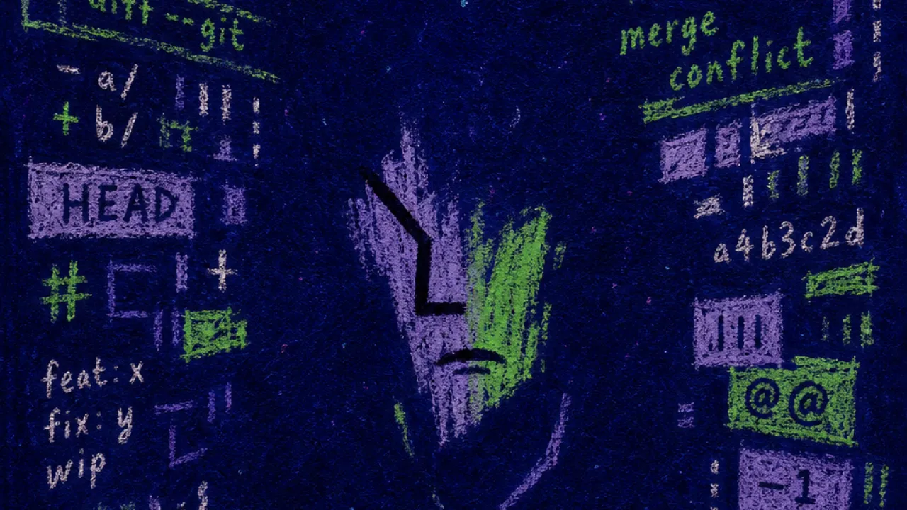 A figure at a desk inside shifting code-covered walls, electric green fragments pressed into ash violet shadow