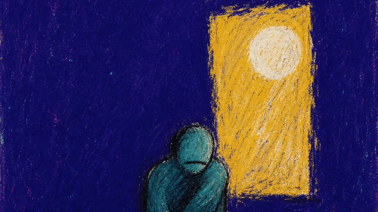 A figure boxed in outside a lit window, phone glow and receipts scattered as cold teal presses against harsh gold