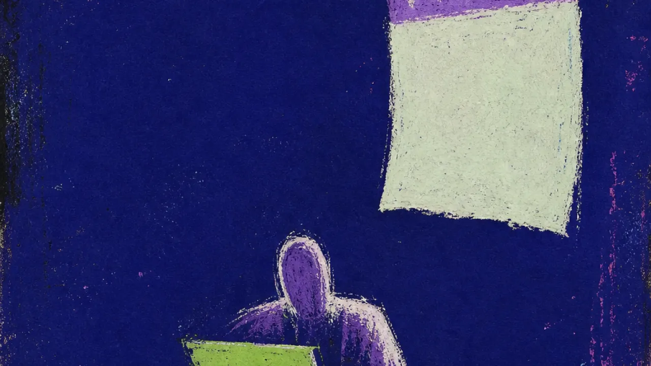 A figure pinned at a desk by laptop glow, blank calendar pages pressing in, acid green cutting into cold violet shadow