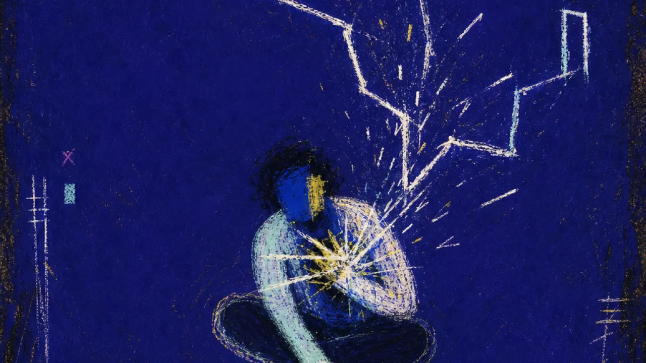 A suspended figure in a dark open room reaching toward a phone, with unreachable exit lines in electric white and sealed blue