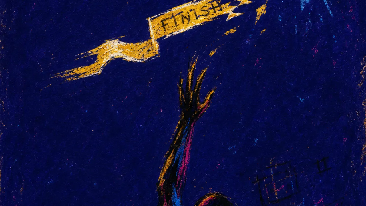 Always One Step Away A suspended figure reaches for a glowing ribbon over an unfinished list, gold light fractured into blue-black void