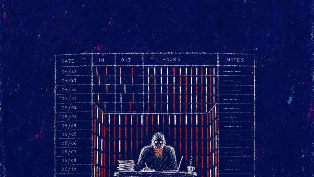Trapped by the clock A figure trapped inside a blank timesheet grid, white cursor bars forming walls around a dark desk with audit-red lines