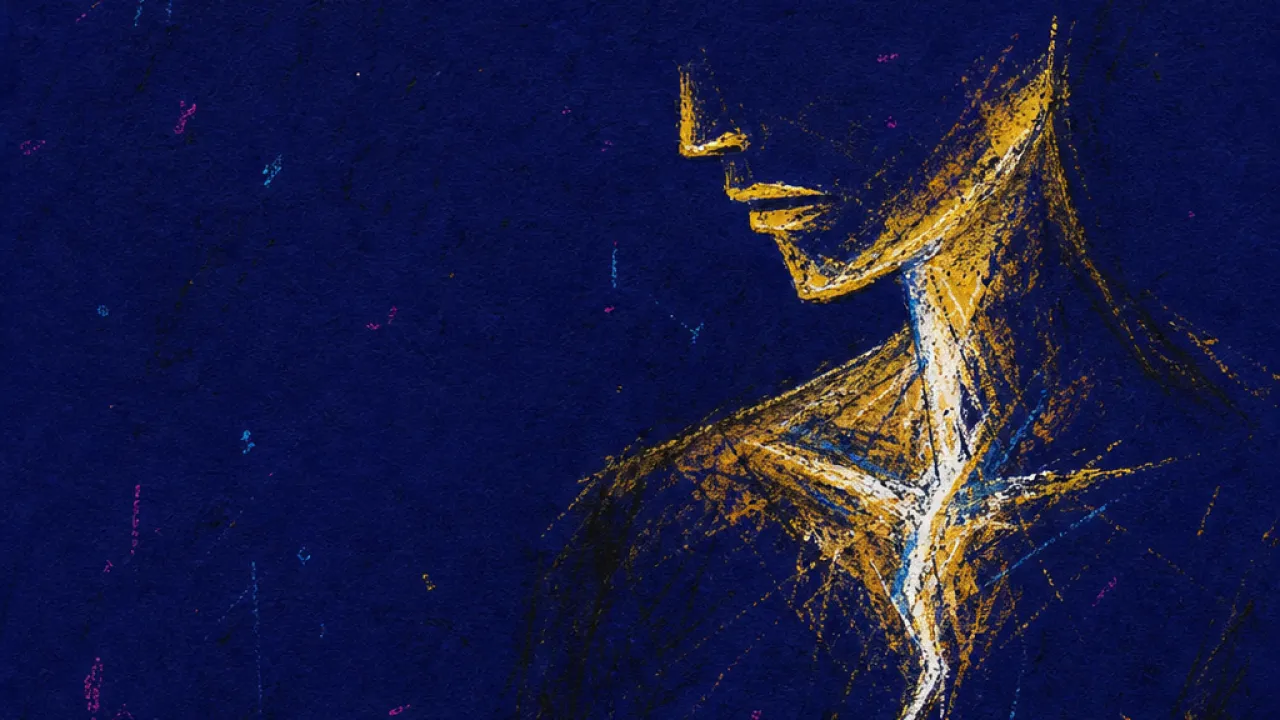 Too Visible to Move A figure suspended between a cold spotlight and a shadowed doorway, thumb above a glowing post button in deep blue space