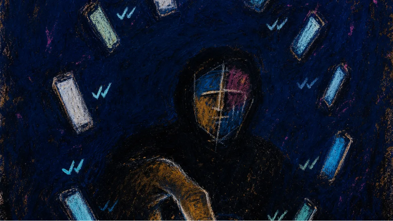 A figure enclosed by glowing phone screens in dark space, blue-white light fracturing across warm skin and black shadow