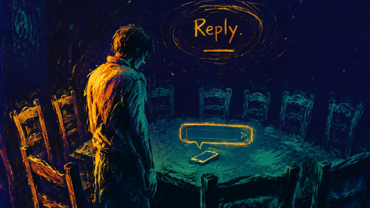 Every Choice Returns to the Table An adult in a doorless dining room, shoulder beside circling chairs and a phone with an empty reply box, amber against teal.