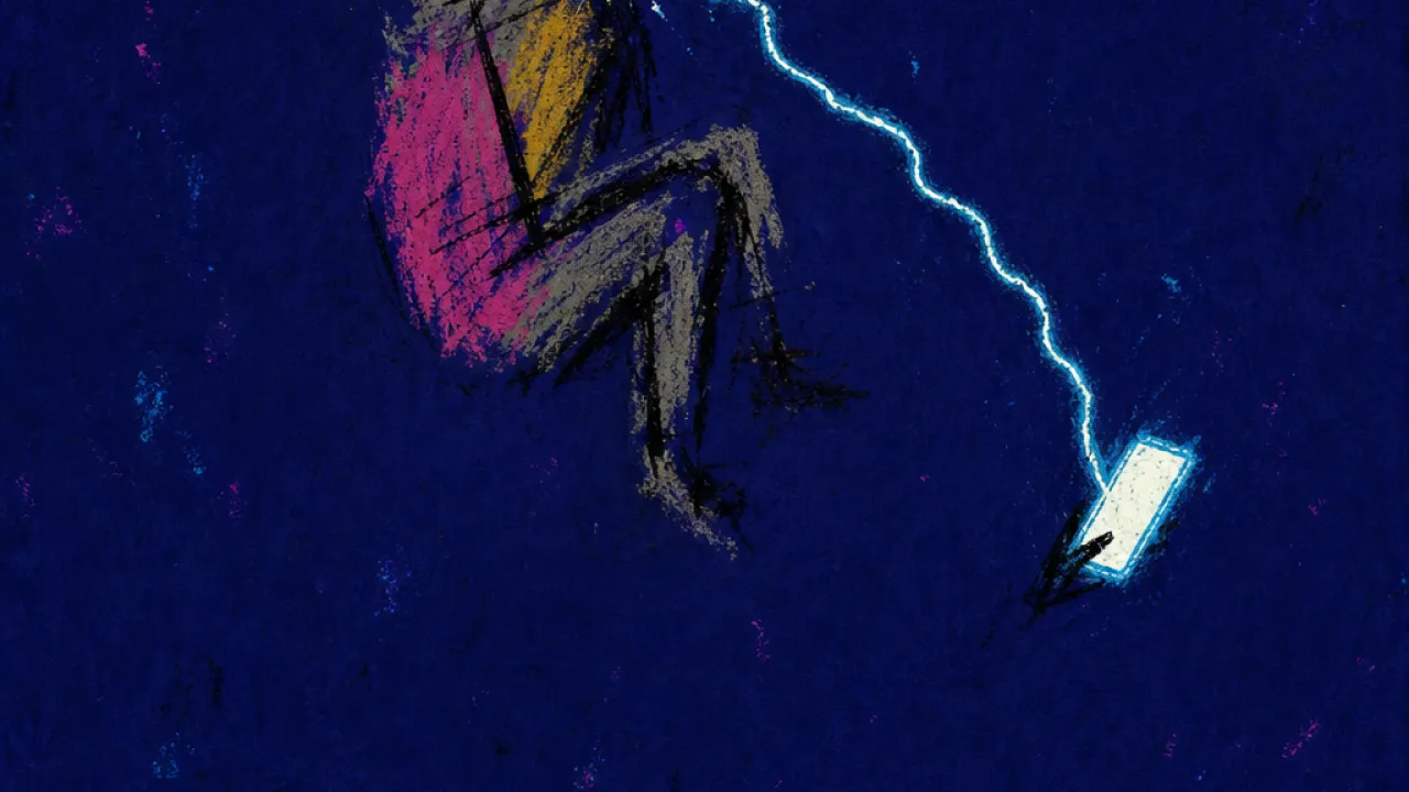 Tethered to being wanted A suspended figure tethered to a glowing phone above a dark bed, cyan message light cutting into bruised indigo space