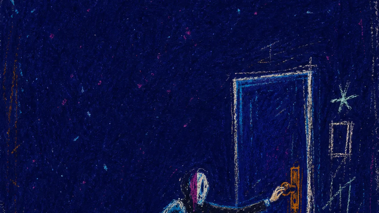 Waiting Outside the Closed Room A figure seated before a closed door, one hand on the handle, blue phone light cutting through warm amber shadows.