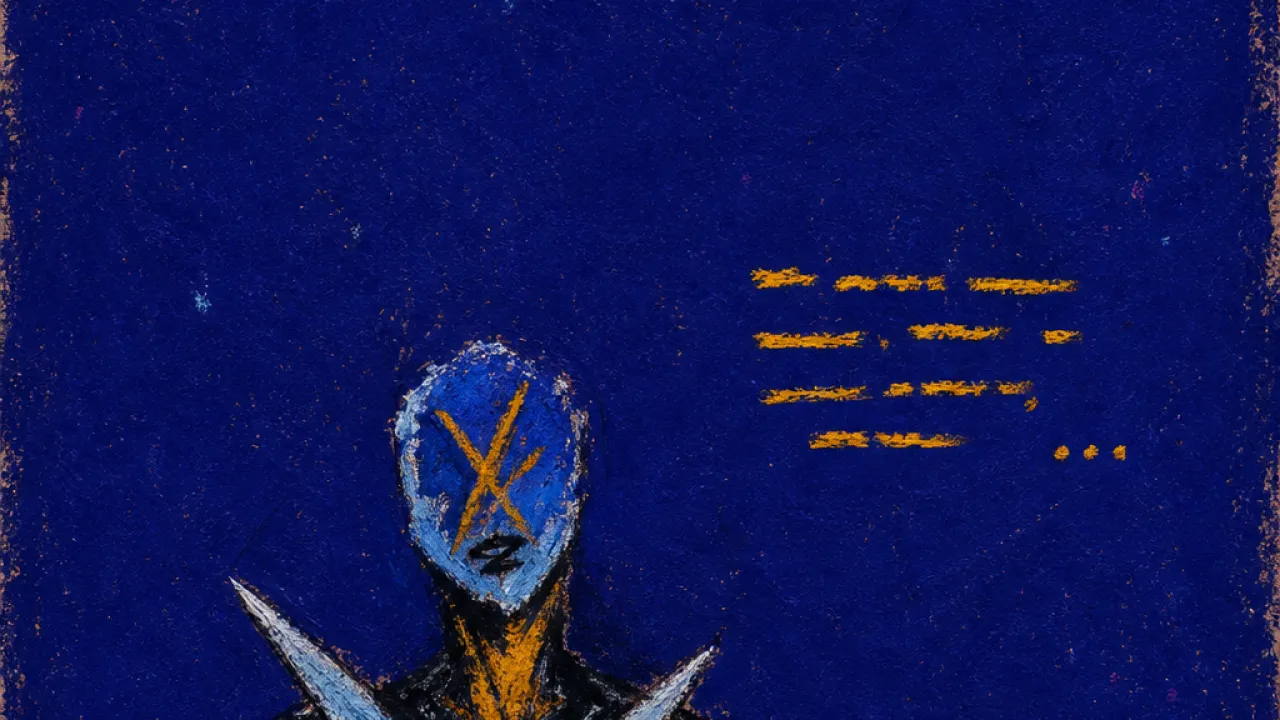 A figure by dark water with crossed blades over the chest, throat caught in a thin fracture of amber against deep blue.