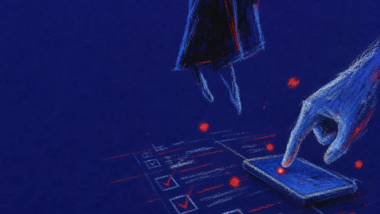 A figure suspended above a checklist-covered desk, thumb over a glowing phone, red alerts cutting into cold blue light