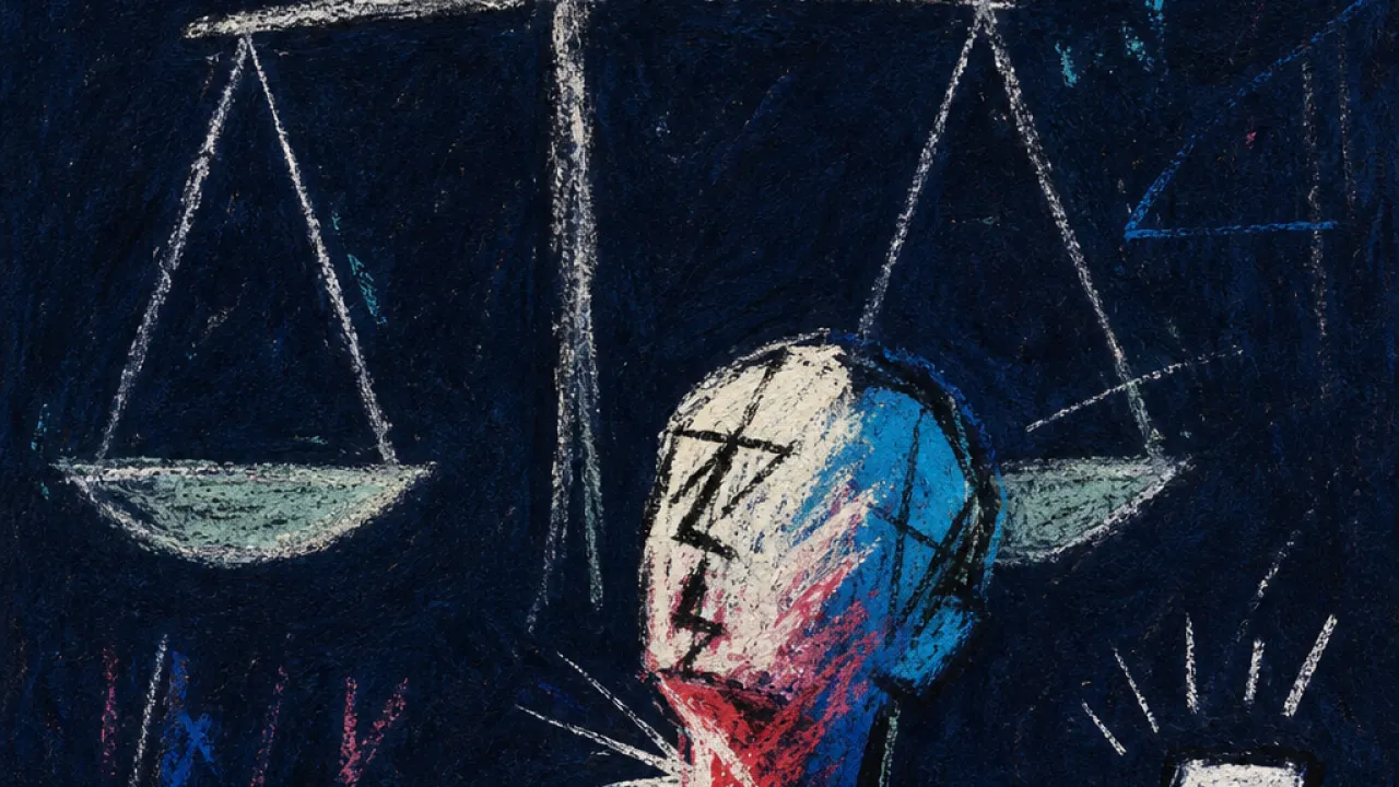 On trial before speaking A figure trapped in a dark courtroom before oversized scales, a glowing phone nearby, white glare splitting into bruised red