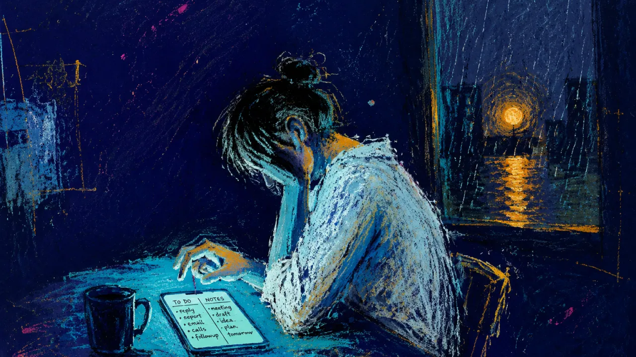 Held Between Signal and Proof A seated figure in a dark doorless room between a cyan phone and rain-veiled amber window, one hand still above the screen.