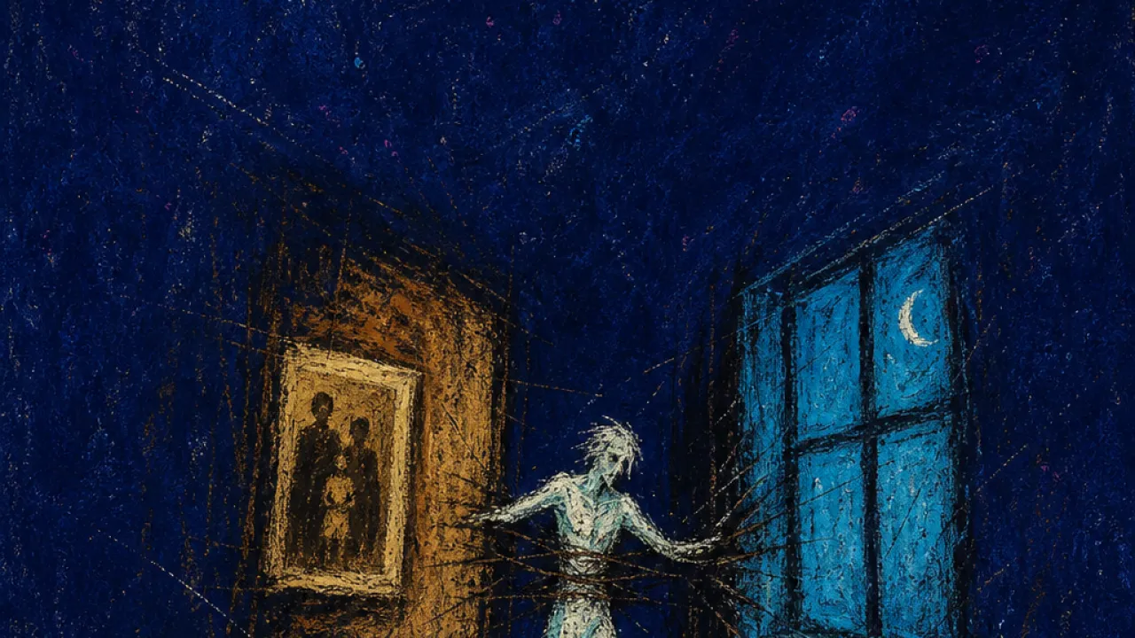 A suspended figure in a dark hallway between a glowing old photo and a cold window, sepia split by cyan light