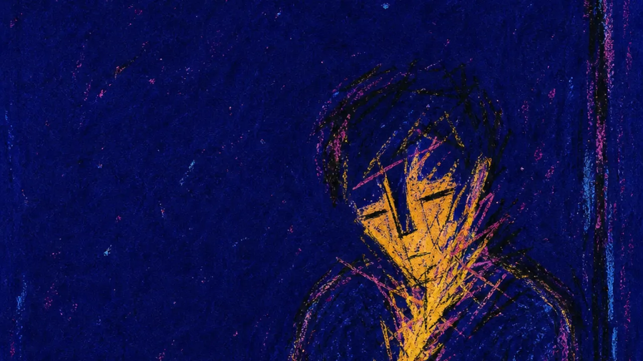 The Key Outside You A figure in a doorless dark room holding a lit phone, warm gold light split against cold indigo shadows