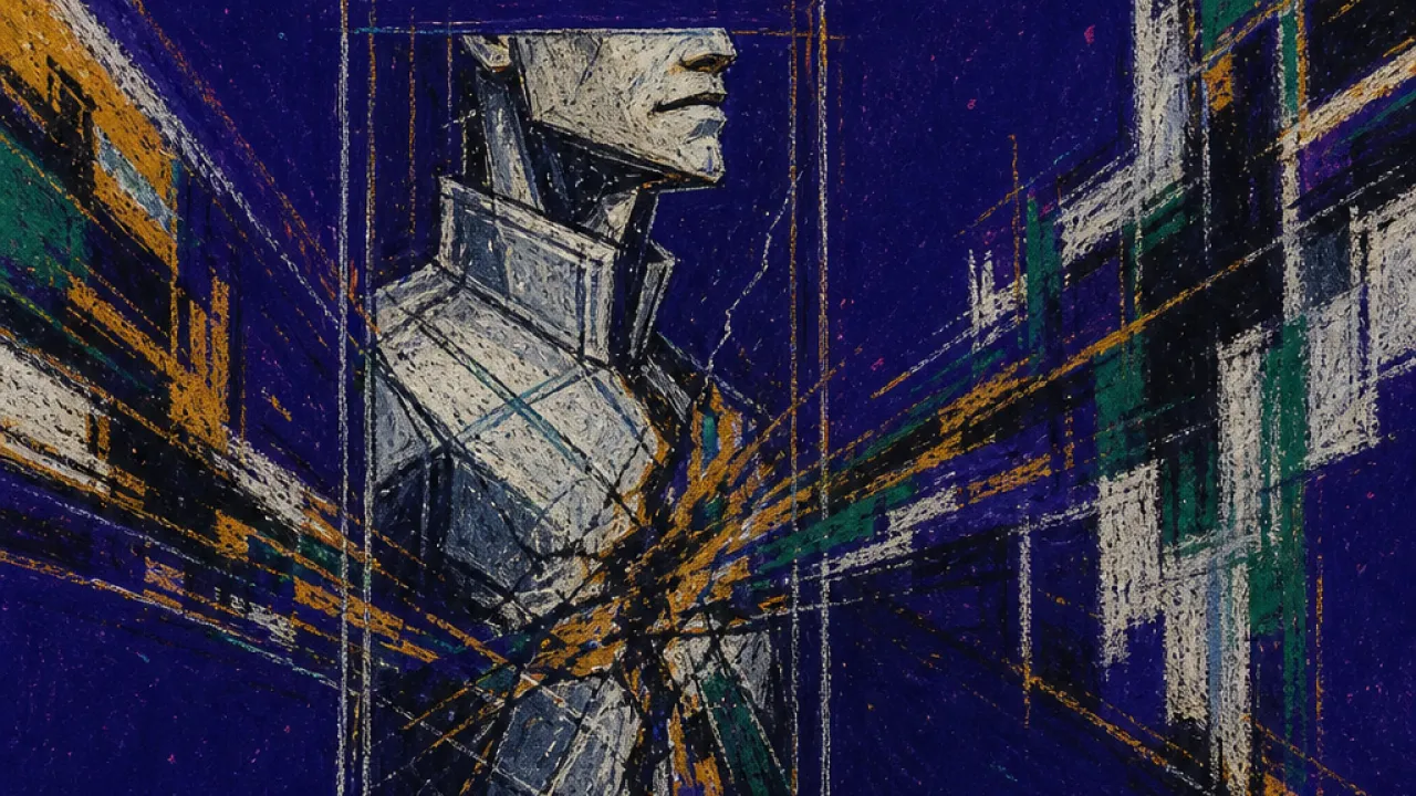 Armored inside success A figure in polished armor inside glass walls, two paths pressing inward with chrome silver and strained amber light