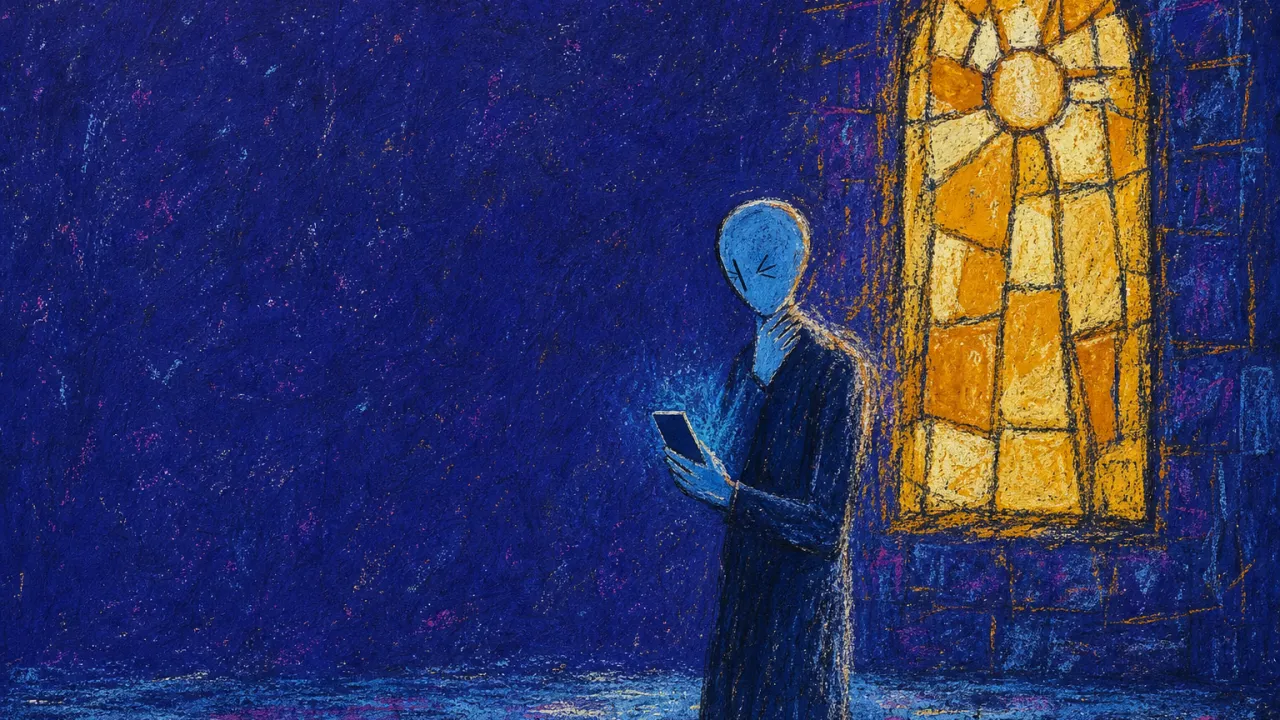 A figure outside a glowing stained-glass window, holding a blank phone as frost-blue shadows press around gold light