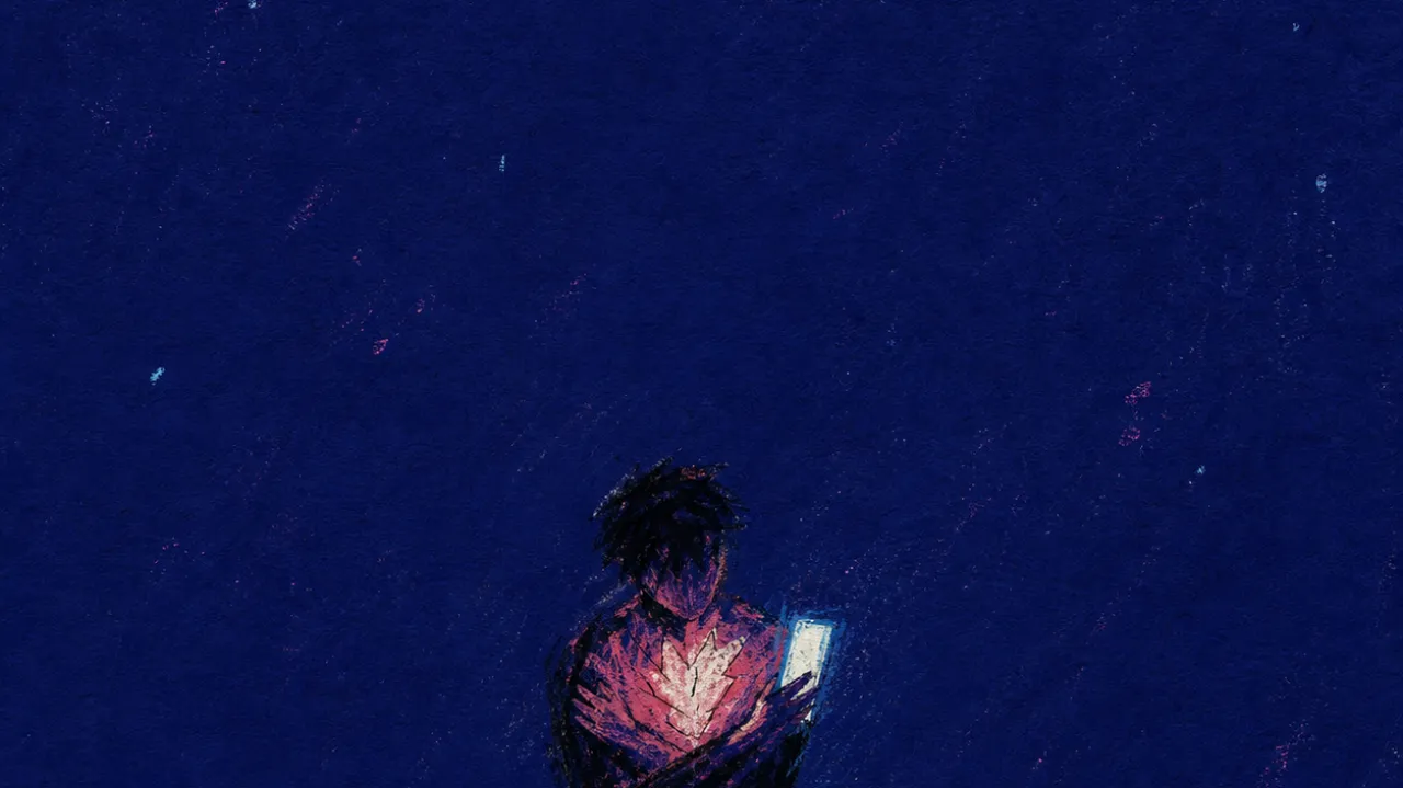 A suspended figure by dark water with arms crossed over the chest, warm phone light split by cold blue-black shadows