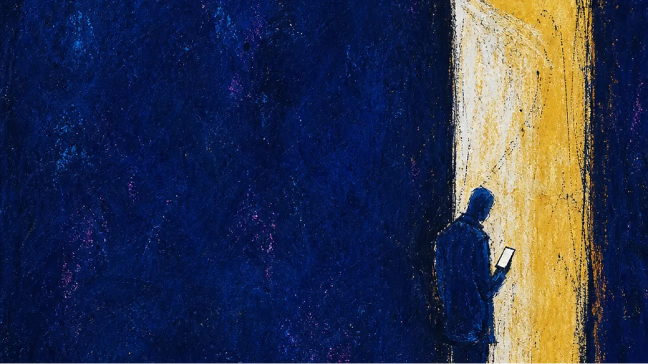 Allowed in, still outside A figure at a lit doorway, phone glowing in hand, warm gold blocked by cold blue space and a thin fractured threshold