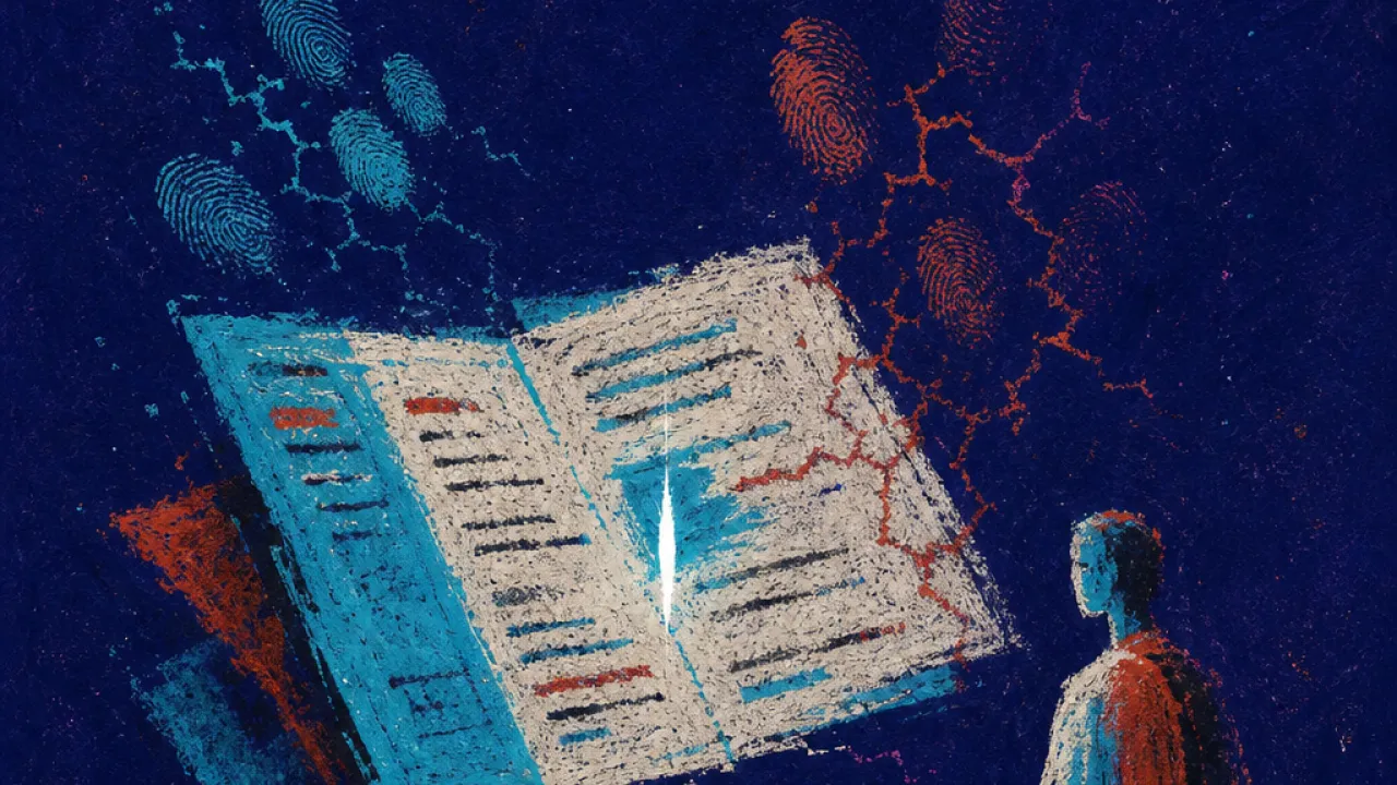 When the first spark fades A dissolving figure beside a glowing shared document, fingerprints fading from notes in cyan light and rust red shadow