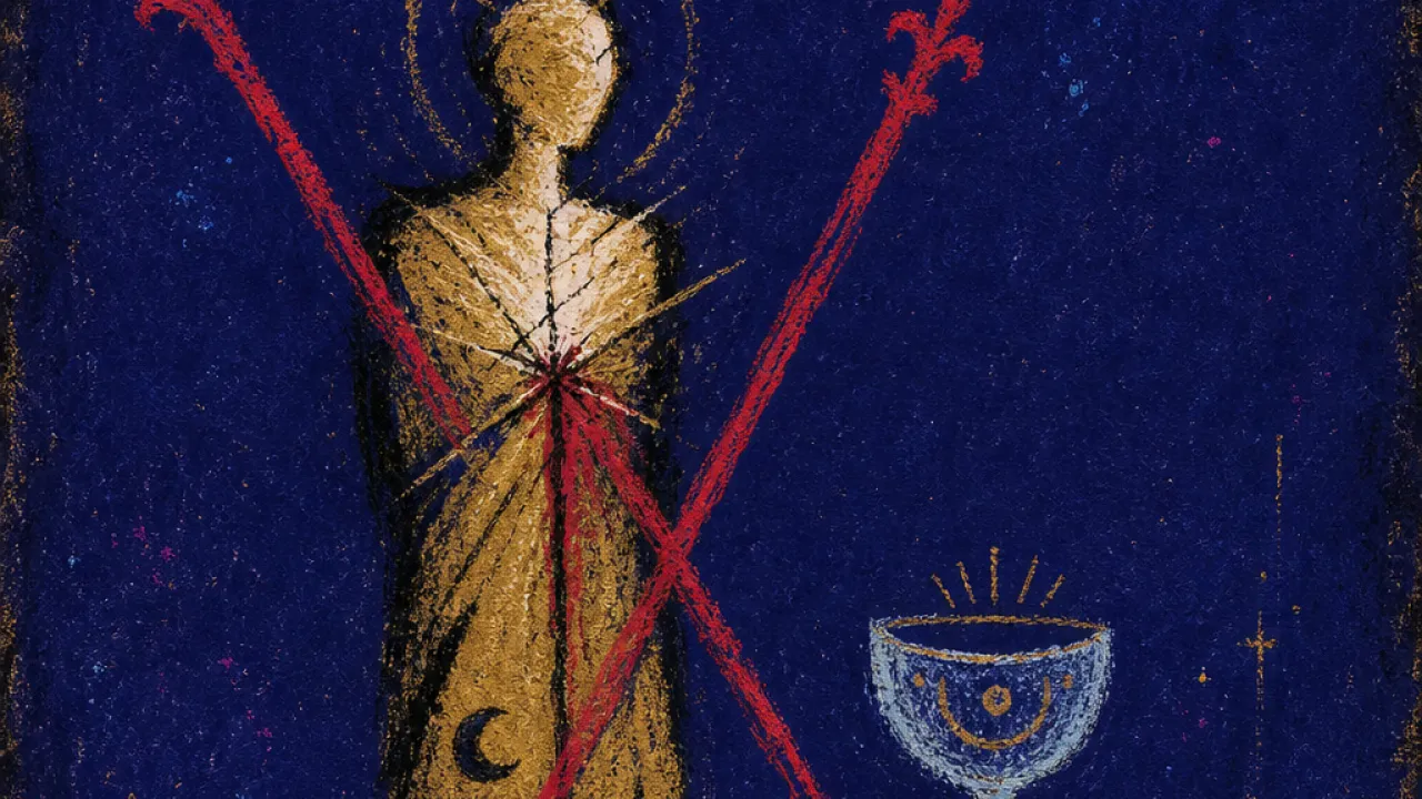 A figure trapped between an open cup and crossed staffs, soft gold light split by sharp crimson shadows