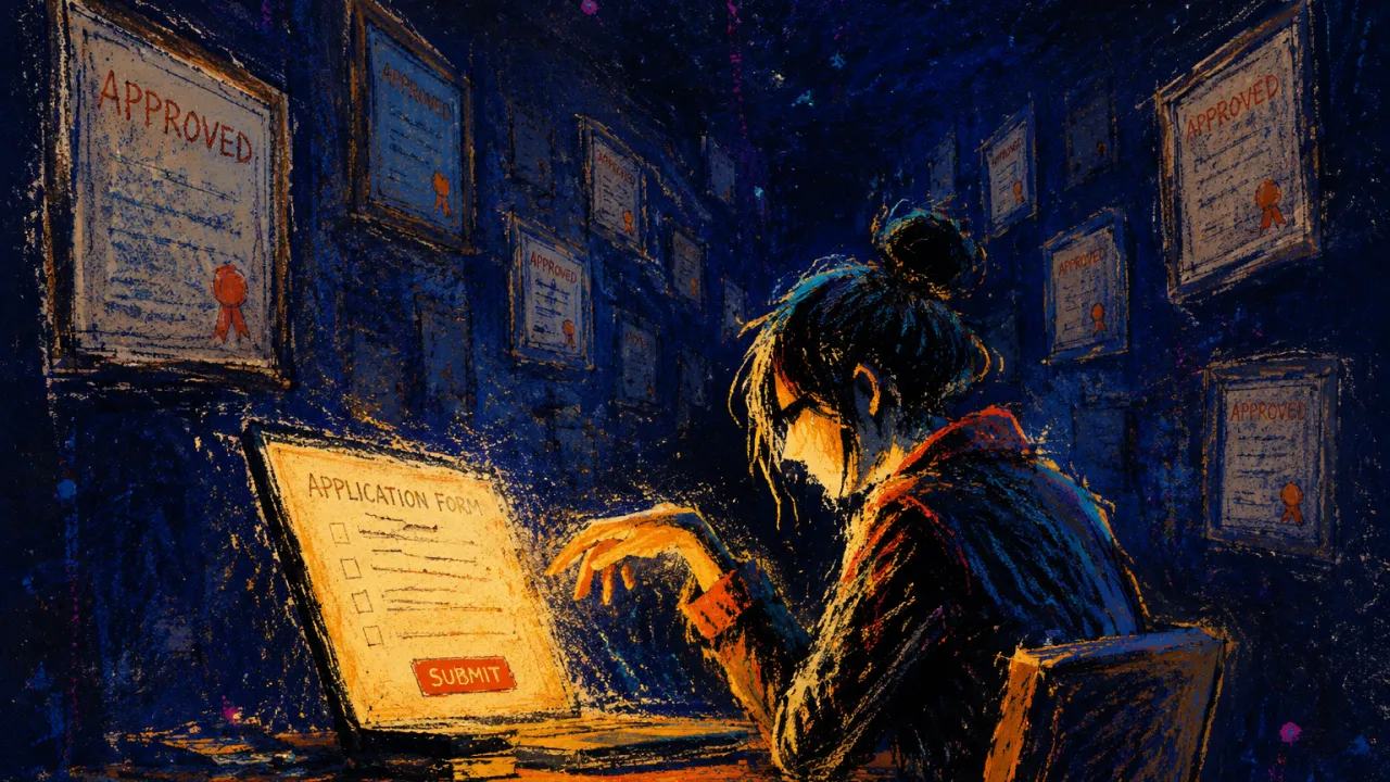 A figure at a desk in a doorless hall, one hand above a glowing form, amber light against grey certificates and indigo space