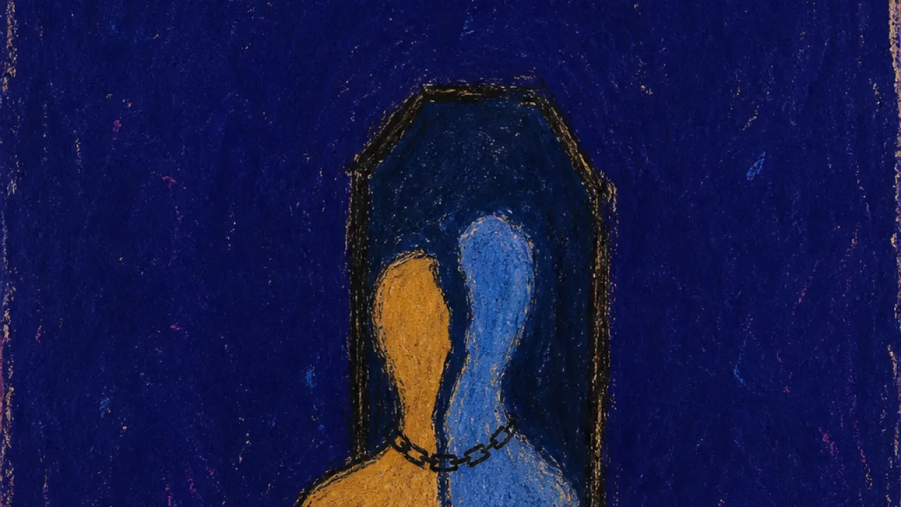 A hollow figure before a dark window mirror, amber skin tones split by cold blue reflection and a narrow doorway outline