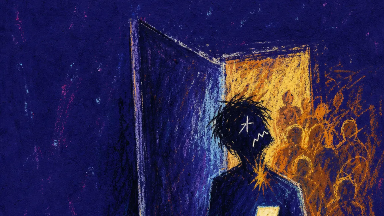 Pinned outside the warm room A figure frozen at a half-open doorway, phone glowing in one hand, warm amber room light fractured by cold indigo shadow