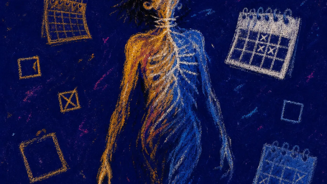 Suspended by Unlived Futures A suspended figure above unopened paths, crossed arrows and blank calendars lit by cold blue and amber fractures.