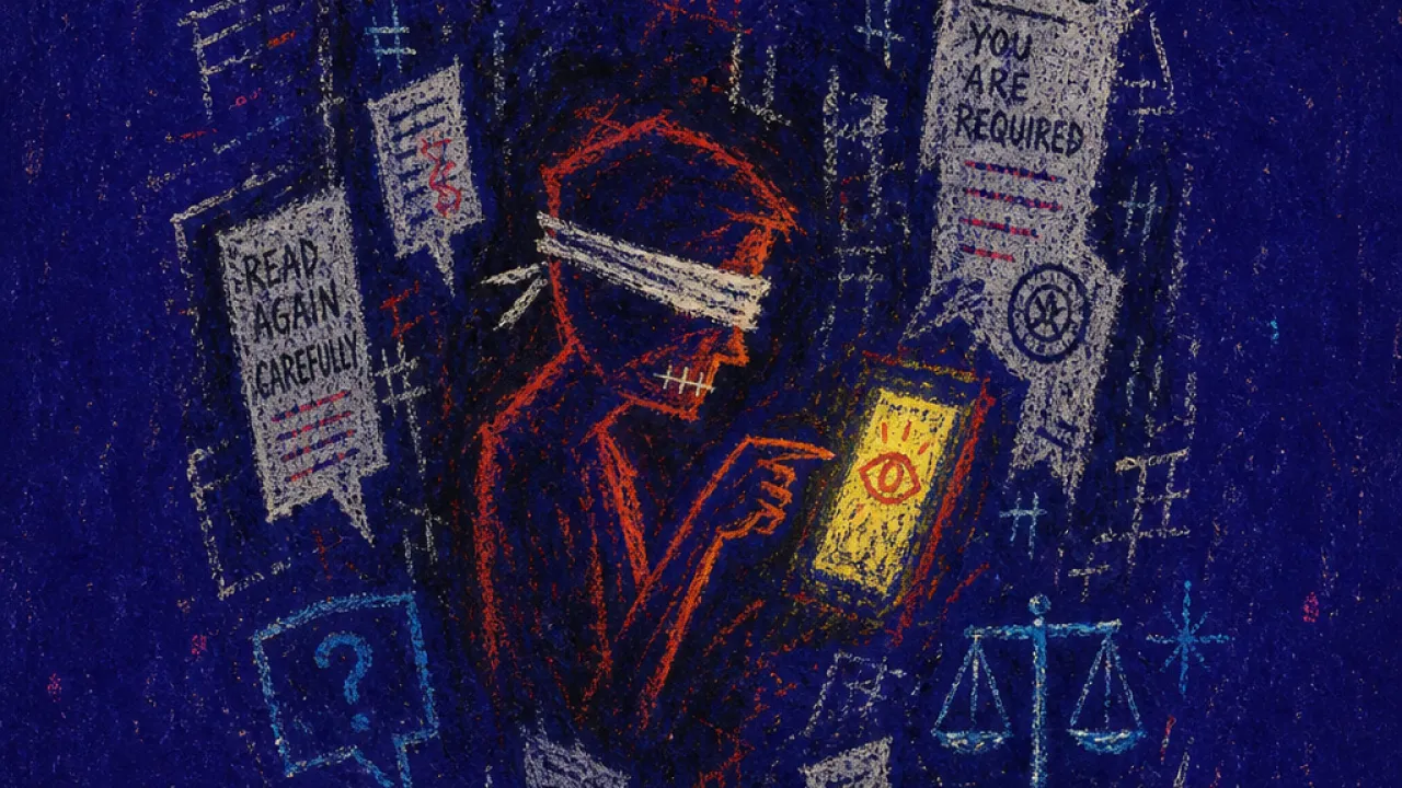 A blindfolded figure in a narrow room of suspended receipts and messages, red light fractured against cold blue shadows