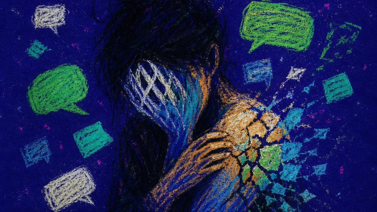 A figure pinned at a dark kitchen table by glowing message bubbles and task notes, warm skin fractured into cold blue.
