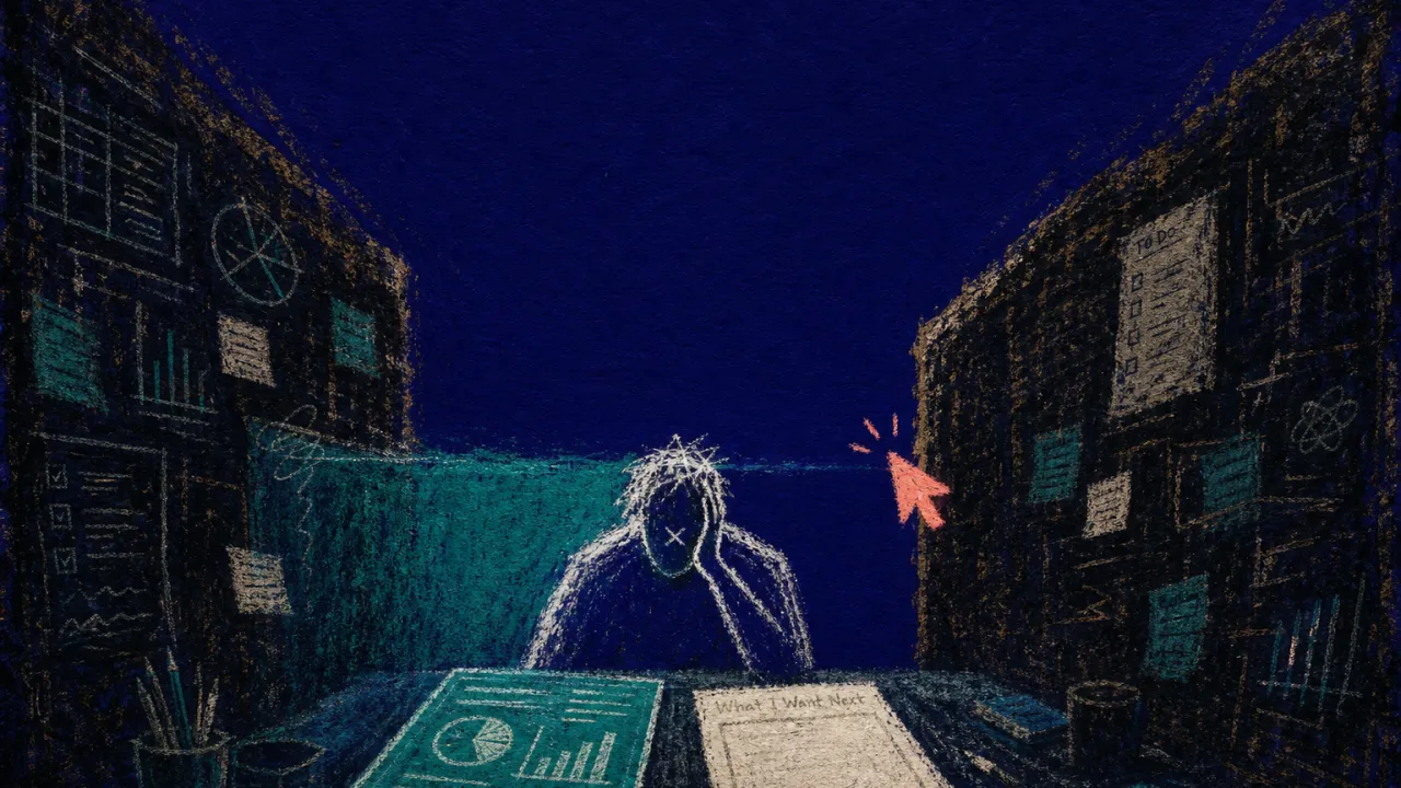 Enclosed by a Life Unchosen A figure in a windowless office between a polished teal presentation and a blank coral-lit document, walls closing inward.