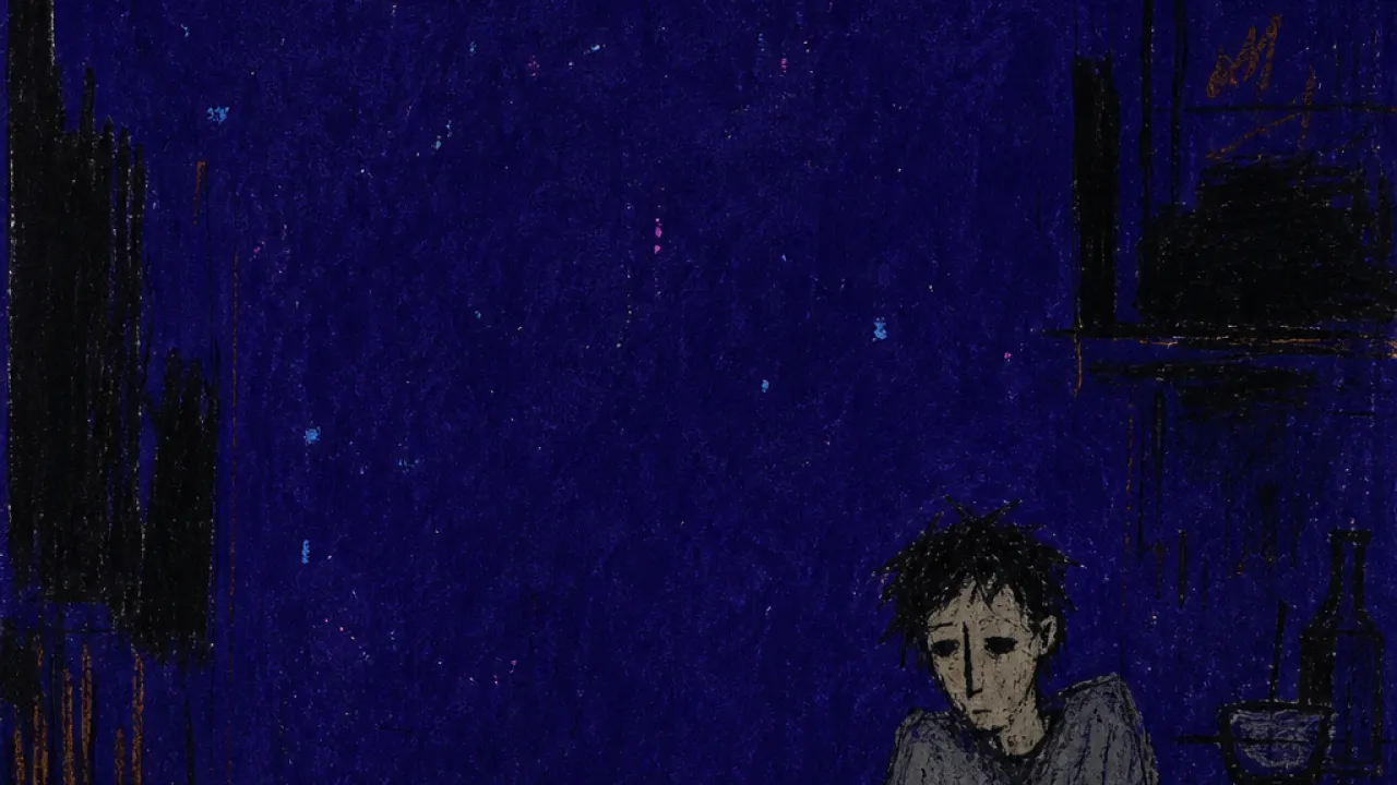 Enclosed by Every Unspoken No A figure in a doorless midnight kitchen, one hand above a glowing phone as warm amber meets a pressing indigo edge.