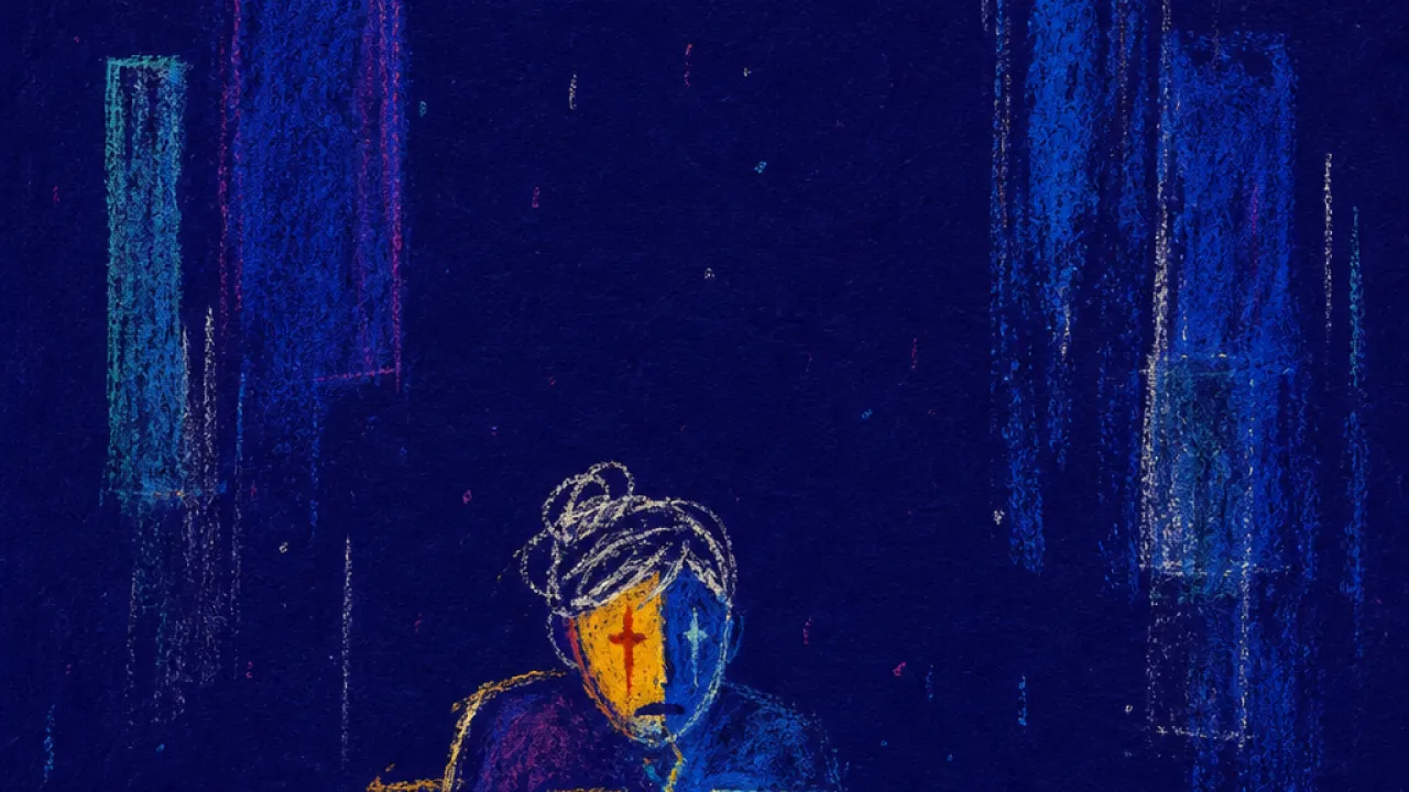 Held Between Reason and Aftermath A seated figure between pressing translucent panels, amber phone light and cobalt shadow meeting across hovering hands