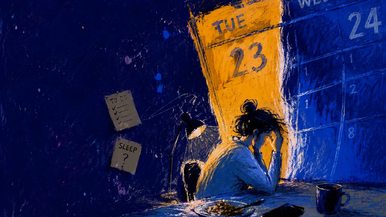 Boxed Inside an Oversized Day A seated figure boxed by amber calendar panels at a dark desk, one shoulder pressed toward cold blue negative space.