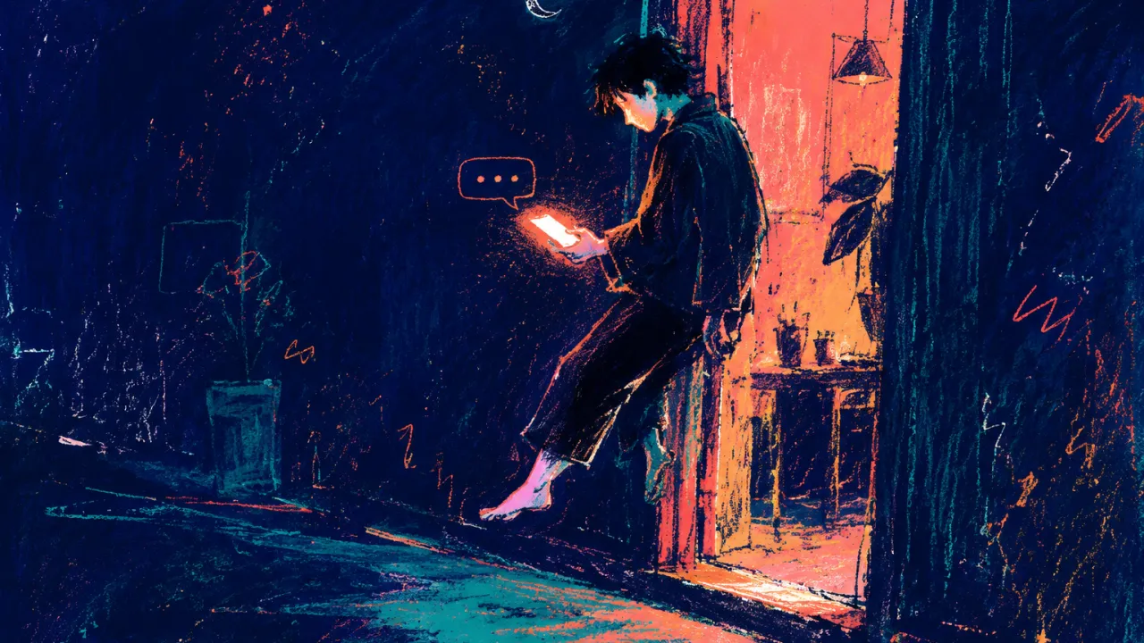 Suspended Before the Yes A figure suspended above a doorway threshold, phone glowing in one hand, warm coral room facing a cold teal hallway