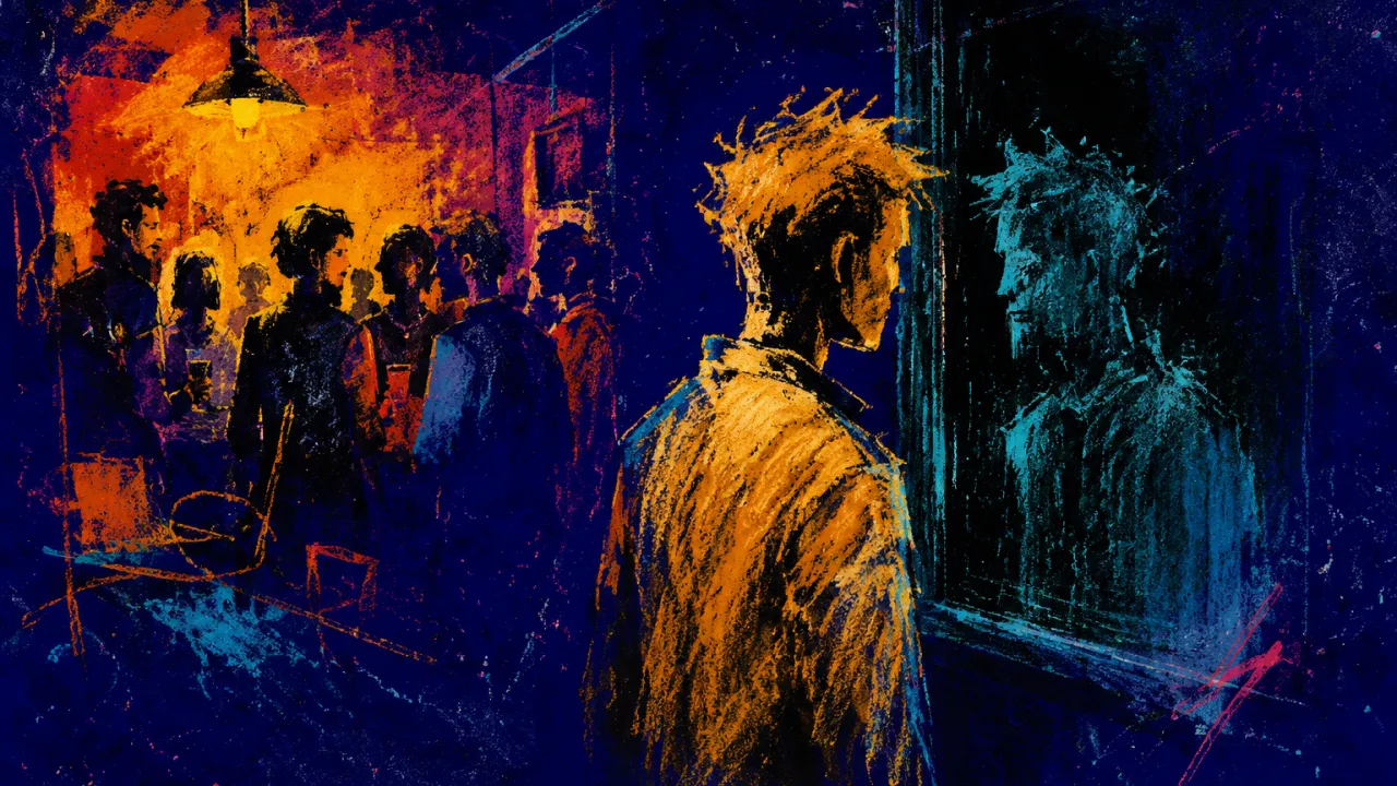Aligned Outside, Fading Within An amber-lit figure aligns with a party crowd while a second reflection dissolves into a cyan-black window.
